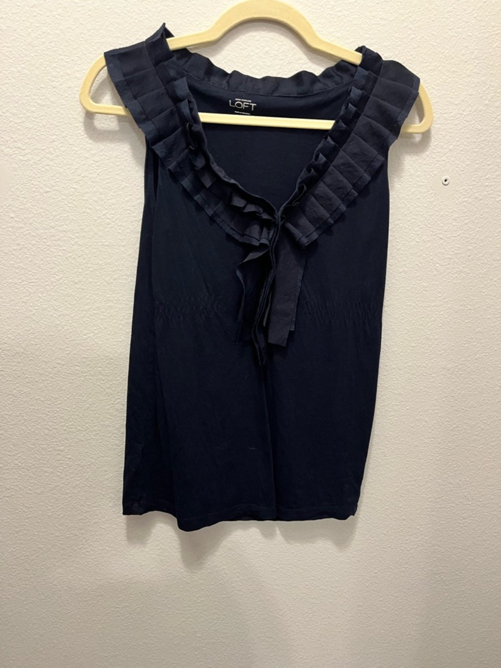 LOFT Navy Ruffle-Trim Sleeveless Knit Bliouse - Picture 2 of 5